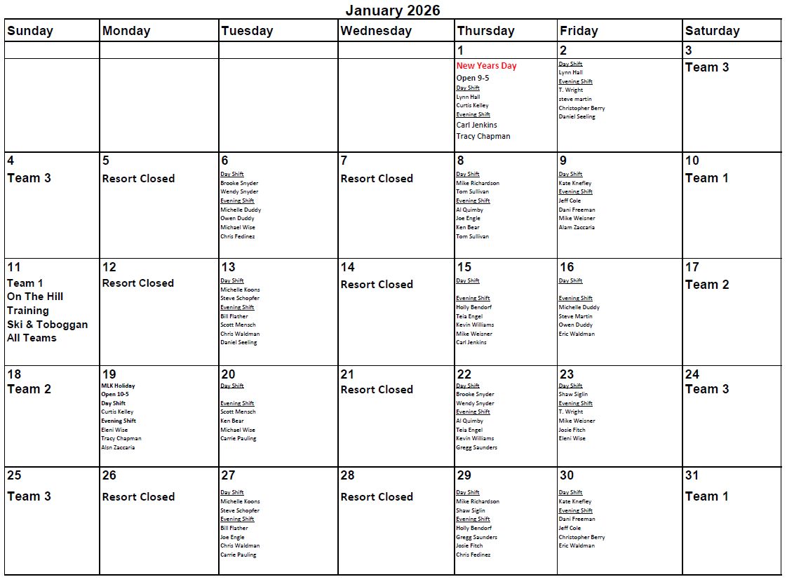 Jan  2026 Patrol Duty Calendar